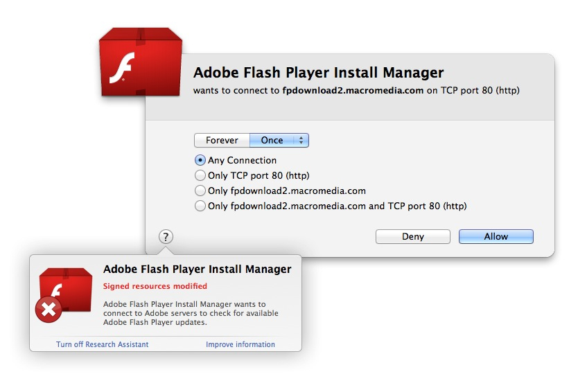 While checking for updates Flash Player is caught by Little Snitch and asks for permission.